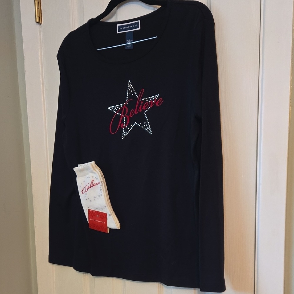 Karen Scott Shirt and matching socks. Black Long Sleeve with Red 'Believe' Star
